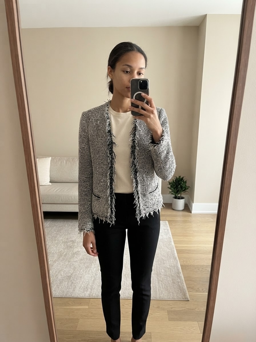 IRO Black & White Frayed Tweed Open-Front Cardigan Jacket